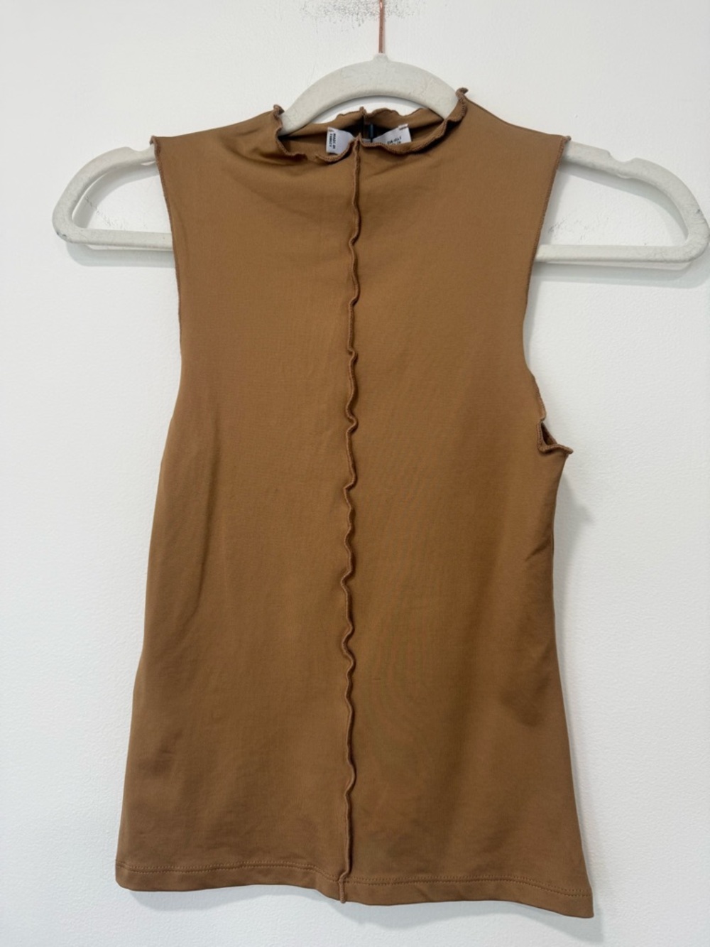 Mango Brown Sleeveless Mock Neck Tank with Center Lettuce Trim